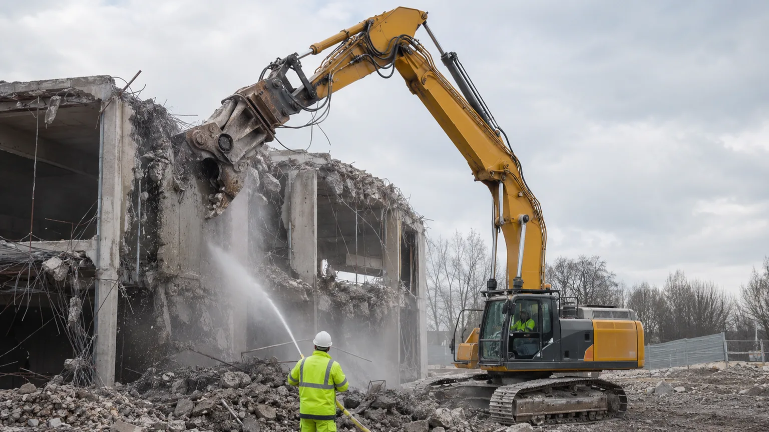 Abbruchbagger mit Abbruchzange trägt ein Betongebäude ab, ein Bauarbeiter bindet den Staub mit Wasser
