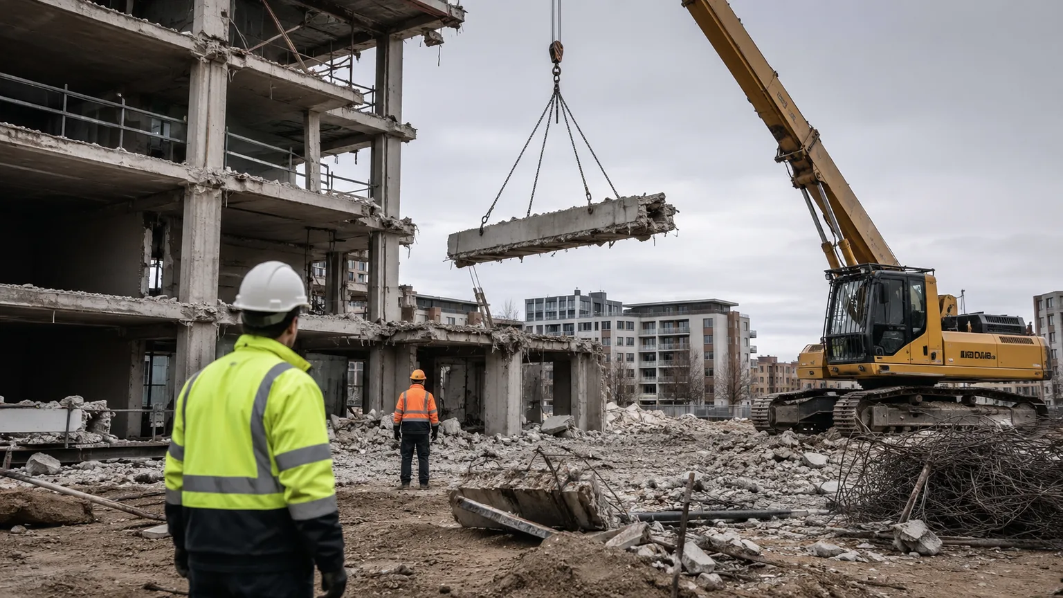 Kran hebt einen Betonträger aus einem teilweise zurückgebauten Gebäude, zwei Bauarbeiter beobachten den Vorgang