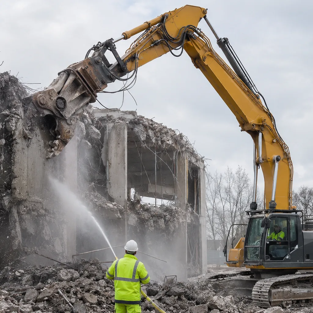 Abbruchbagger mit Hydraulikhammer trägt eine Betonwand ab